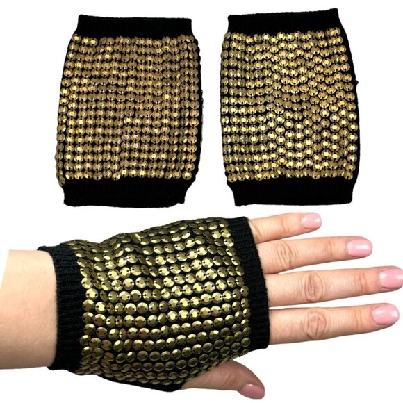 Juicy Couture Fingerless Gloves Knit Black Wool Gold Sequins Punk Goth Grunge - Picture 1 of 11